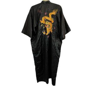 Dachunghwa Unisex Black Embroidered Dragon Satin Robe Kimono Vtg 90s Y2K NO BELT